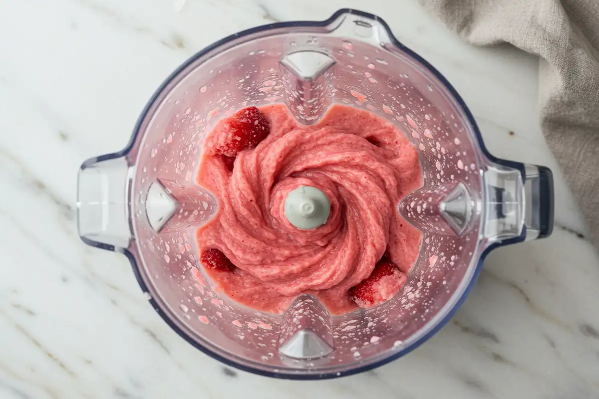 Close-up top-down view inside a blender jar showing a vibrant pink Frozen Strawberry Lemon Drop mixture blending into a smooth slushy texture, with a natural, home-action feel.