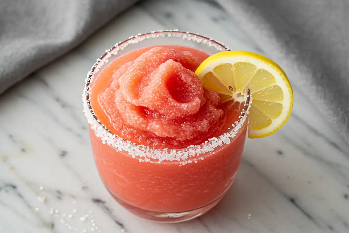 Close-up top-down view of the finished Frozen Strawberry Lemon Drop in a sugar-rimmed cocktail glass with subtle wear, garnished with a lemon wedge, looking frosty, vibrant pink, and home-prepared.