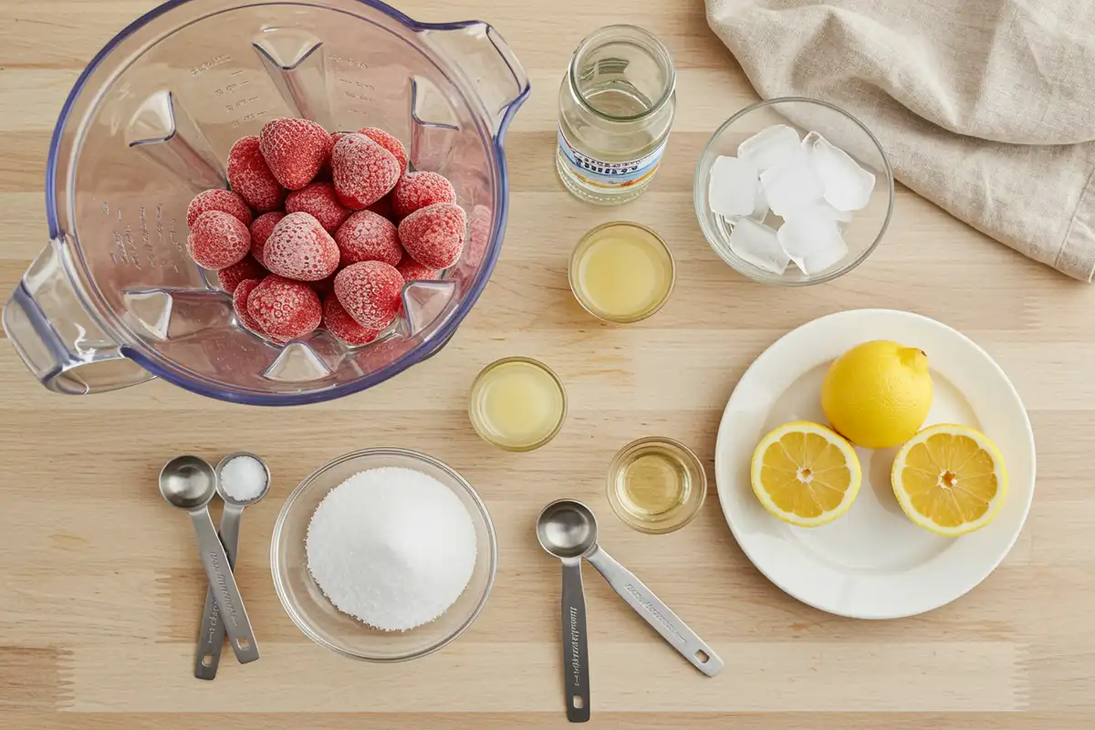Close-up top-down view of Frozen Strawberry Lemon Drop ingredients: frozen strawberries, fresh lemon juice, simple syrup, ice, arranged near a blender base and cocktail glass on a worn surface, looking natural and home-prepared.