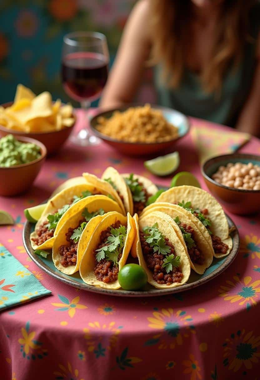 A festive table setting with a platter of soft shell tacos served alongside bowls of rice, beans, chips, and guacamole. The scene is set against a vibrant Mexican-style tablecloth.