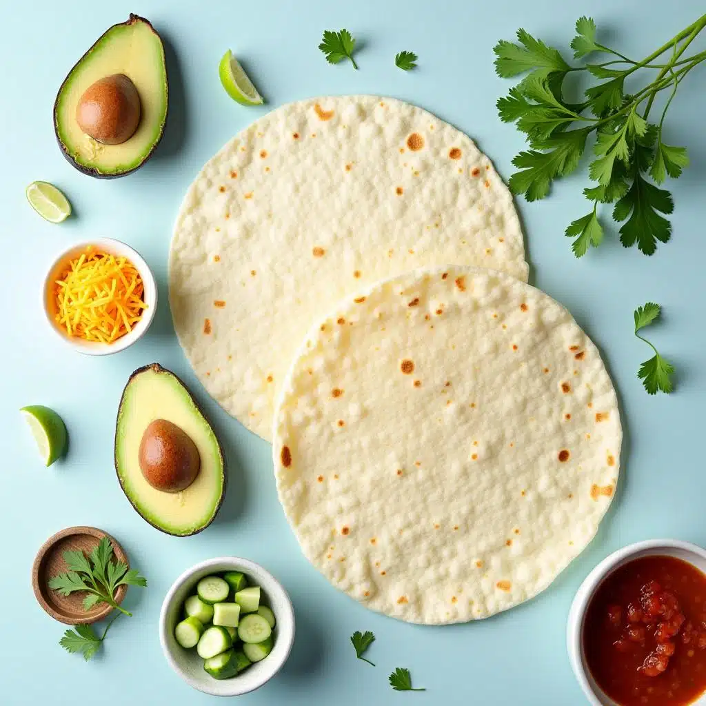 Ingredients for a soft taco, including tortillas, cheese, avocado, salsa, and fresh vegetables.