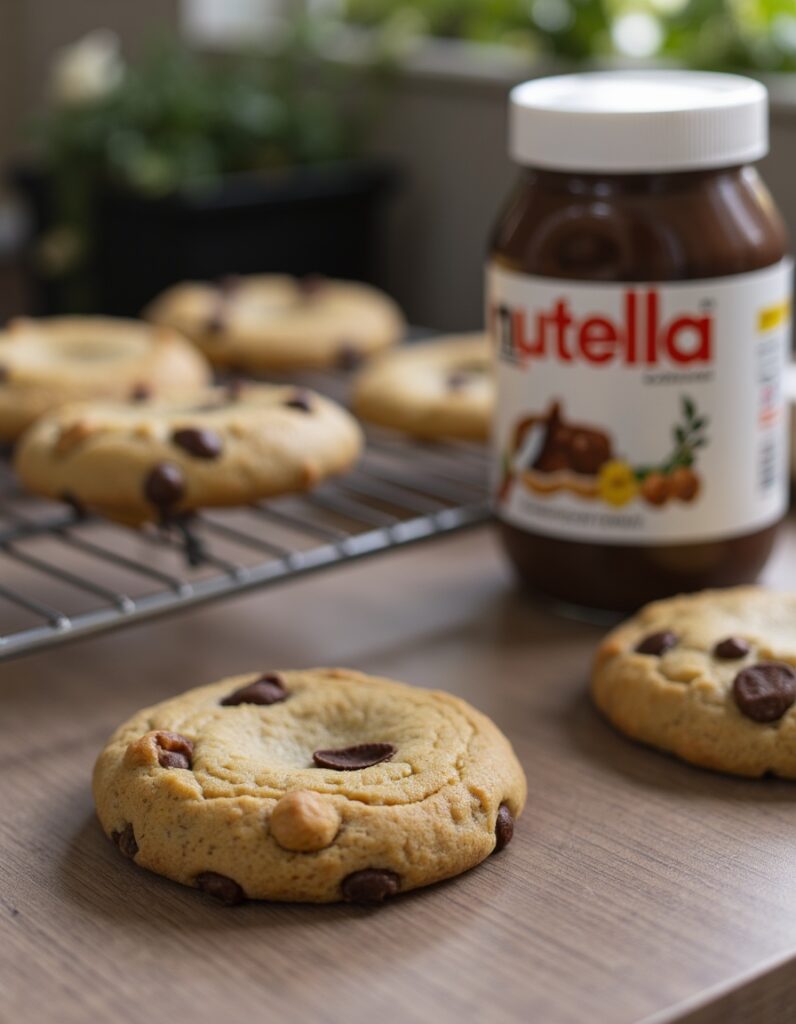 A jar of Nutella placed beside a batch of freshly baked cookies cooling on a wire rack, showcasing the versatility of Nutella in baking