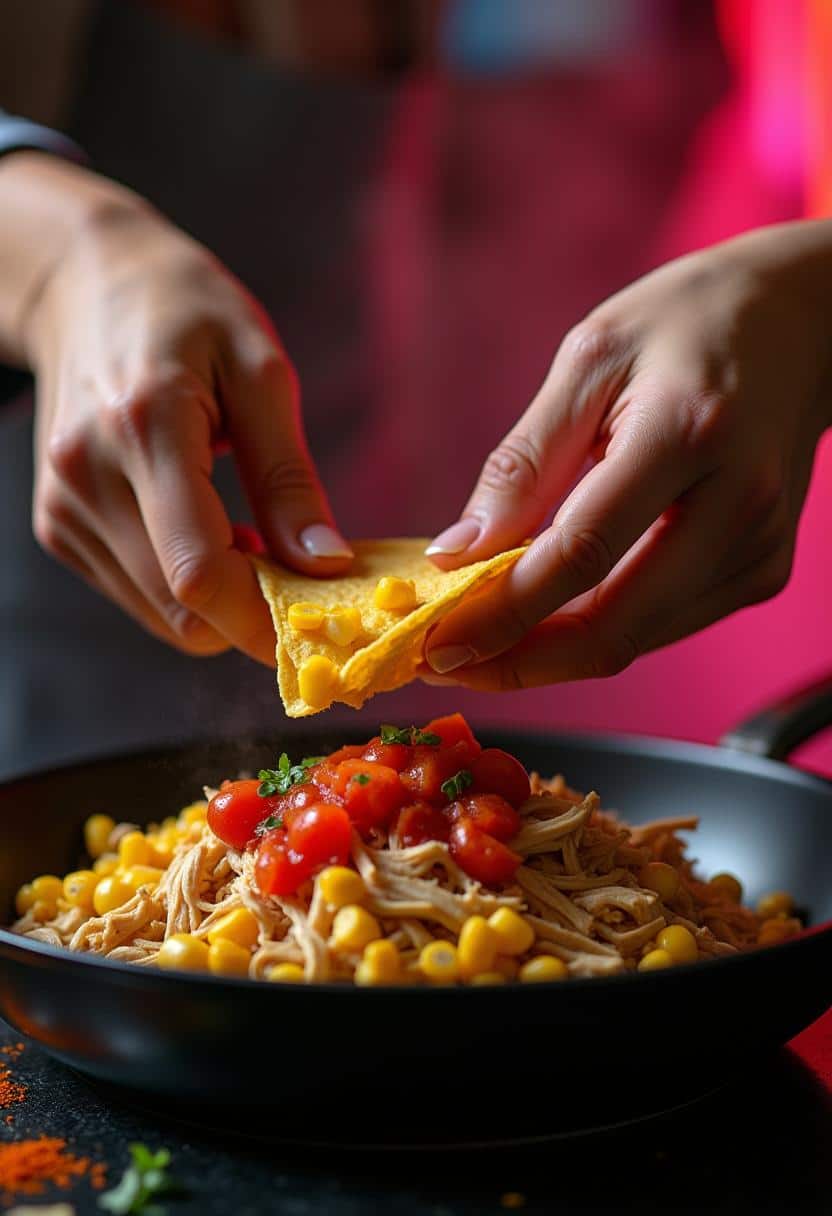 Hands assembling a soft taco with layers of chicken, tomatoes, and toppings