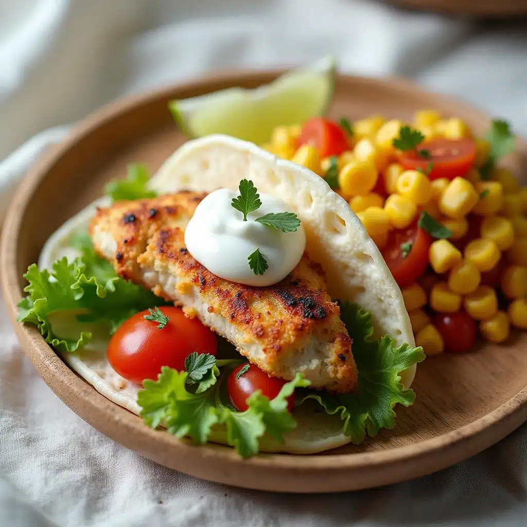 A soft taco filled with grilled chicken, lettuce, tomatoes, and sour cream on a wooden plate.