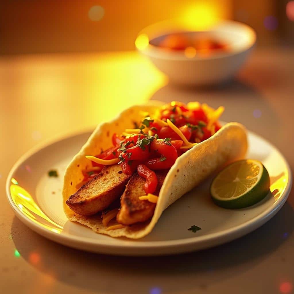 Close-up of a soft taco filled with grilled chicken, fresh lettuce, pico de gallo, and shredded cheese