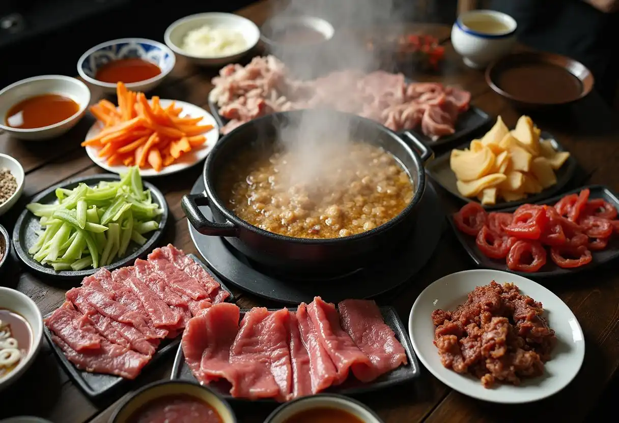 How Long Do You Leave Meat in Hotpot? A Complete Guide 1 A vibrant hotpot meal with various meats and vegetables ready to cook