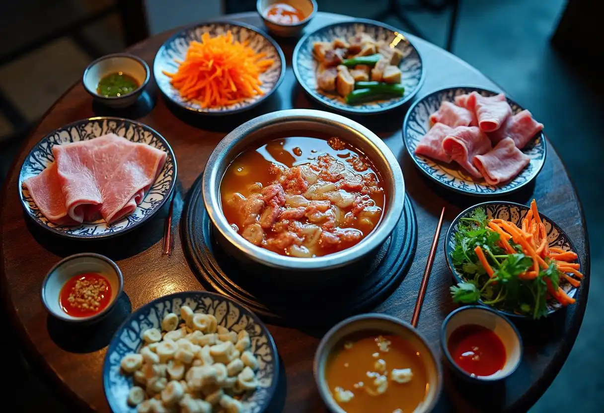 How Long Do You Leave Meat in Hotpot? A Complete Guide 3 A vibrant hotpot meal with various meats and vegetables ready to cook