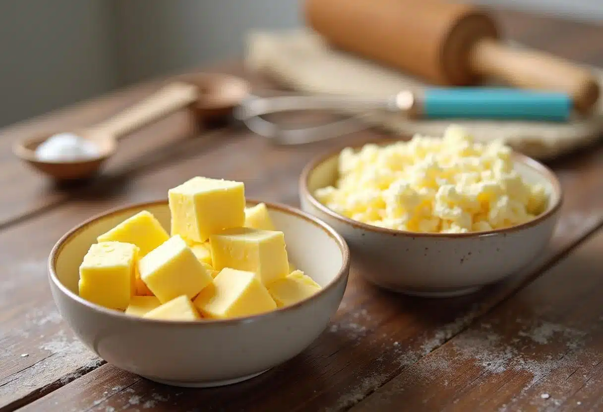 Does Mary Berry Use Butter or Margarine? Discover the Baking Secret 1 Butter cubes and margarine in bowls on a wooden counter with baking tools, illustrating their use in baking