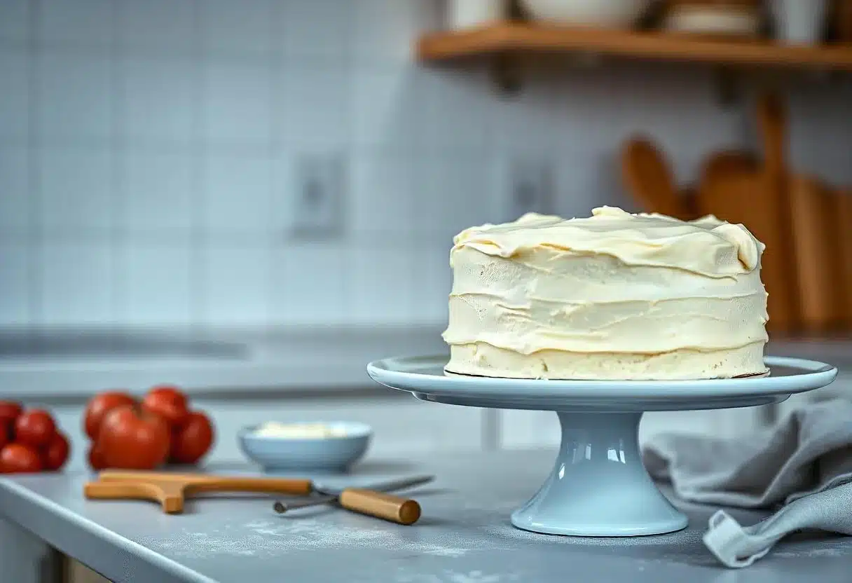 A freshly baked vanilla cake with light buttercream frosting, displayed on a cake stand in a cozy kitchen setting