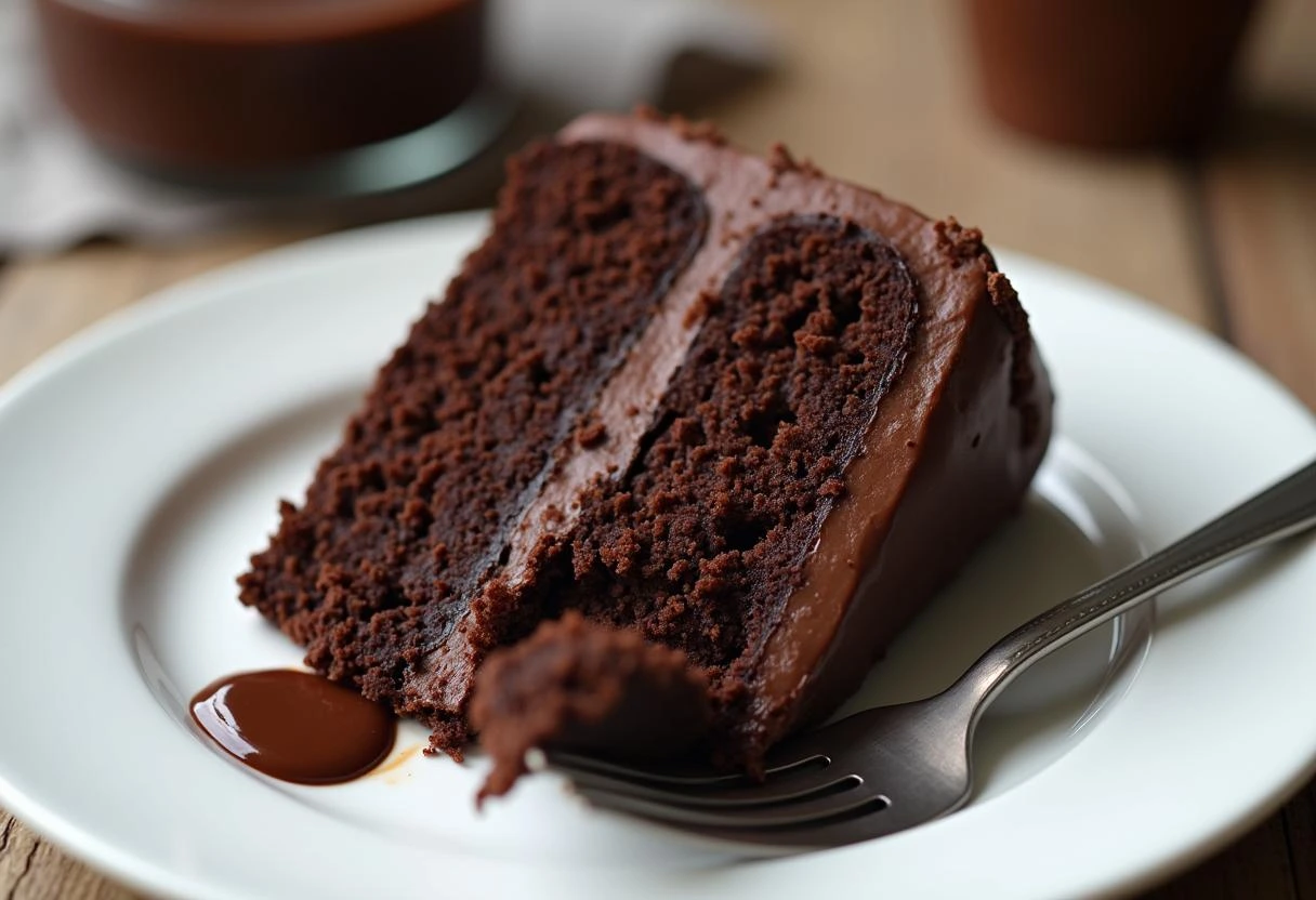 Close up of a super moist chocolate cake slice