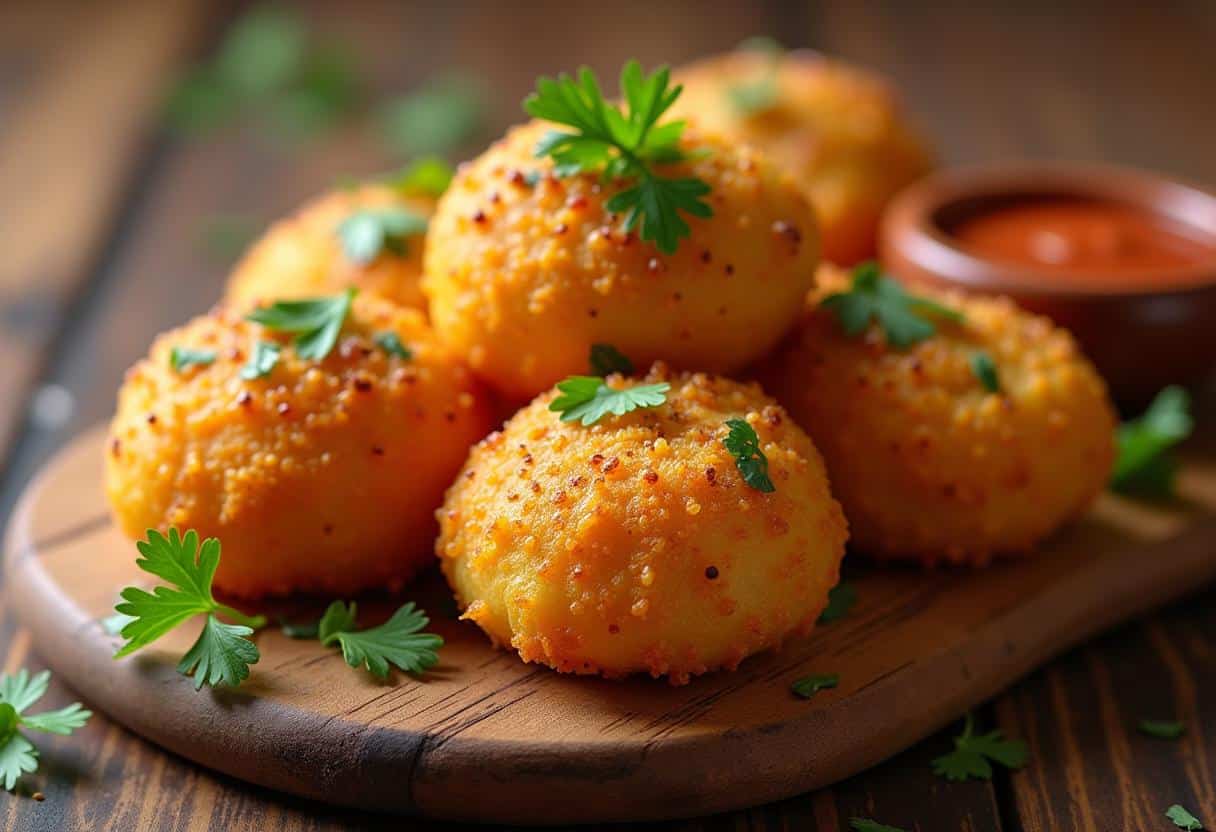 Golden-brown papas rellenas on a wooden platter, served with Salsa Criolla and Aji Amarillo sauce, garnished with cilantro