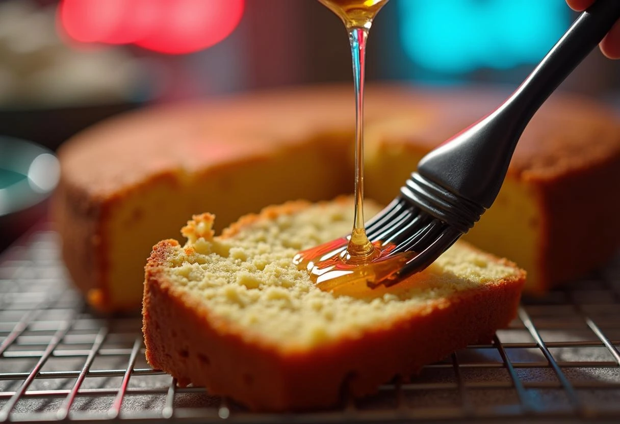 Cake slice being brushed with simple syrup