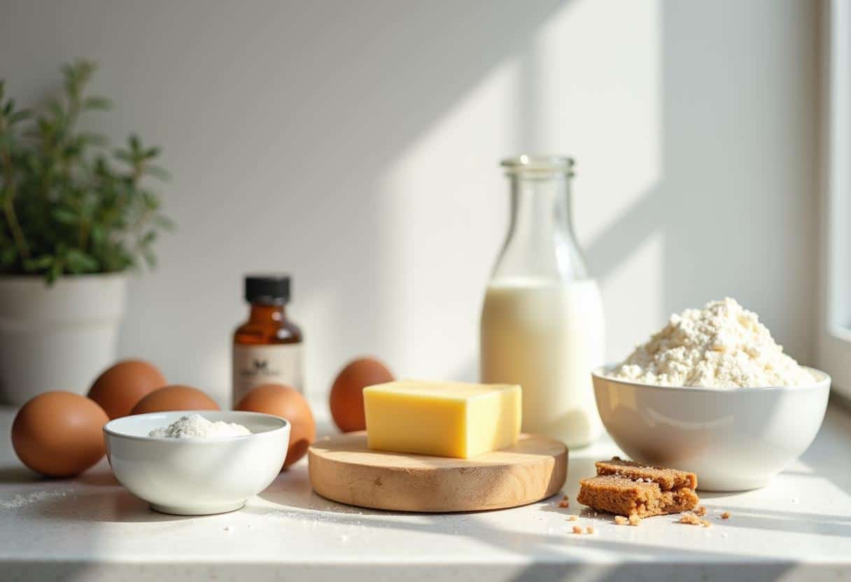 A neatly organized countertop displaying flour, eggs, sugar, butter, milk, vanilla extract, and a bowl of sifted flour, set in a bright and clean kitchen.