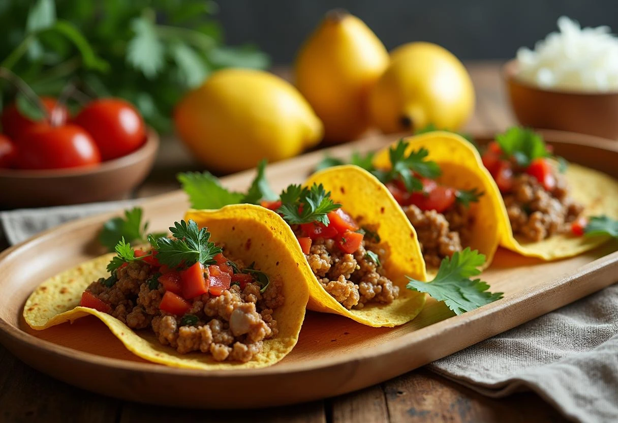 Turkey mince tacos with toppings.