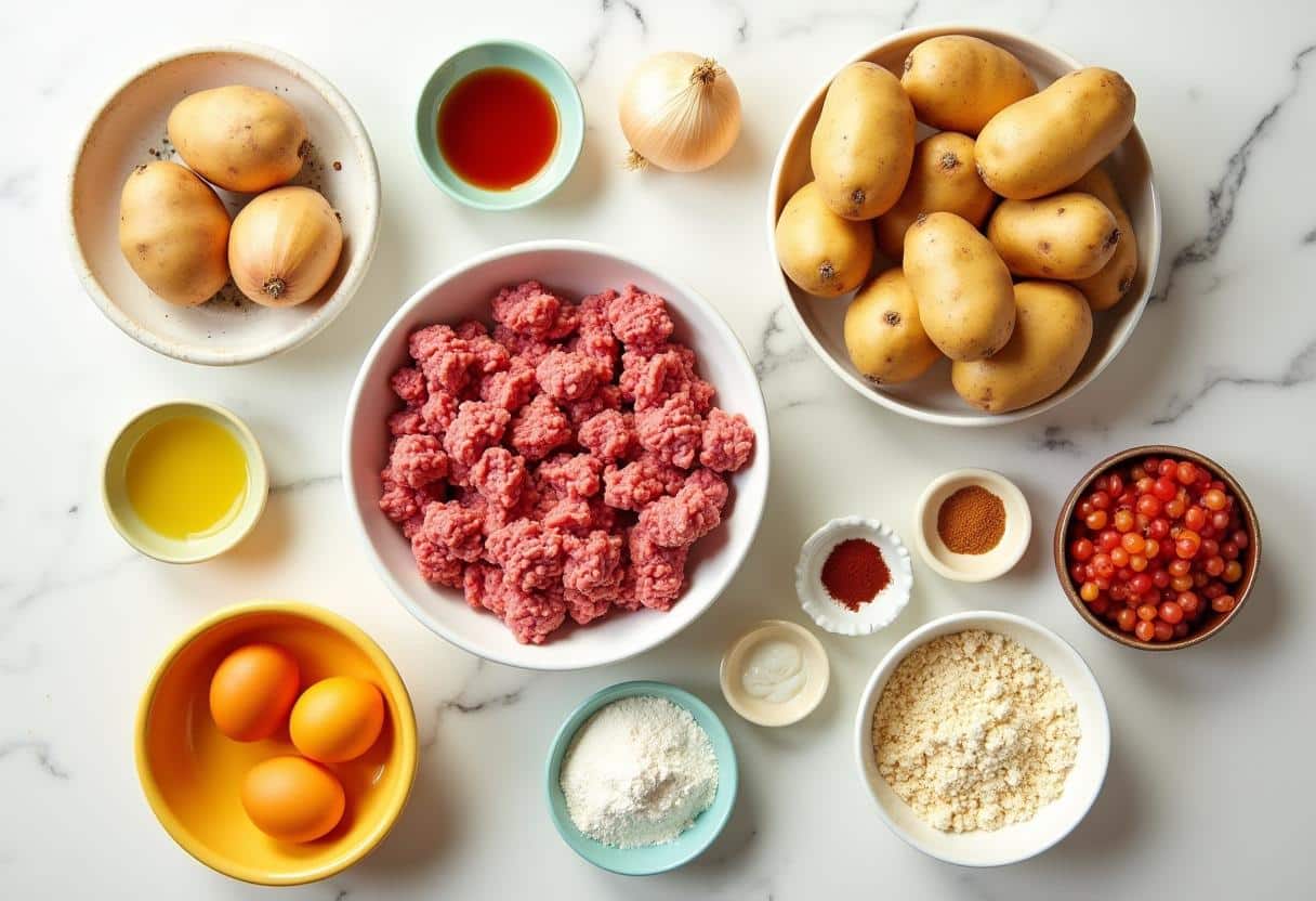 Overhead view of fresh ingredients for rellenos de papa: Russet potatoes, ground beef, onions, garlic, picadillo, eggs, flour, breadcrumbs, and spices