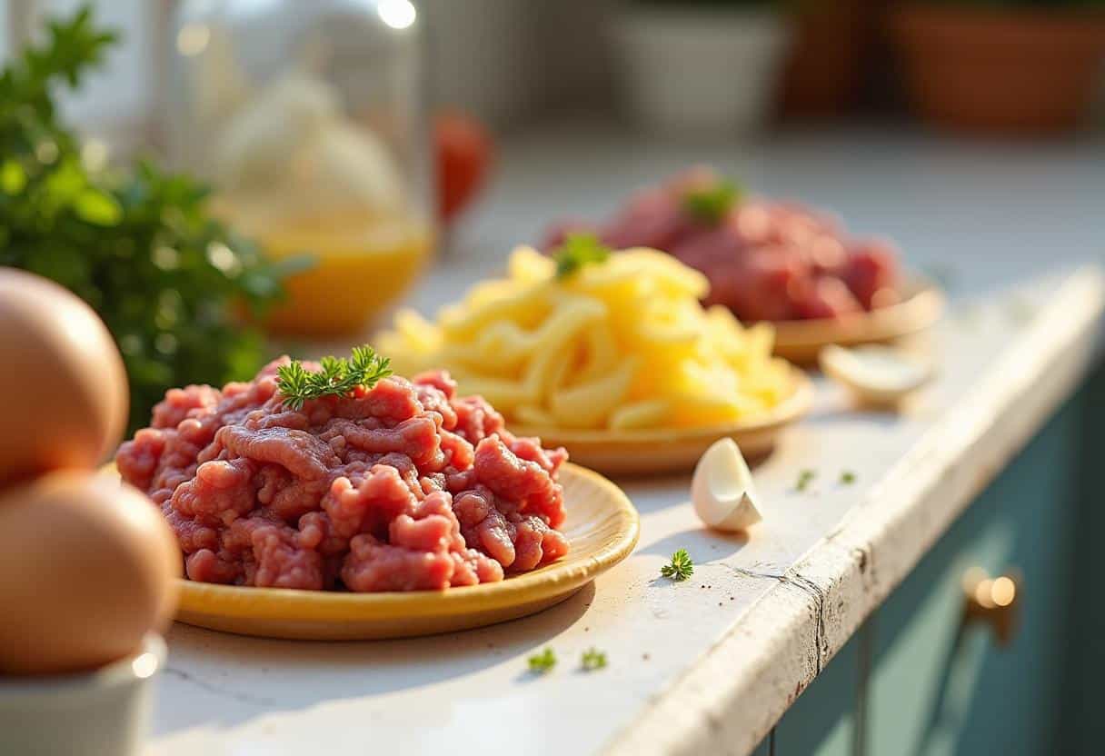 Fresh ingredients for papas rellenas, including potatoes, ground beef, onions, garlic, spices, and eggs, neatly arranged on a clean countertop