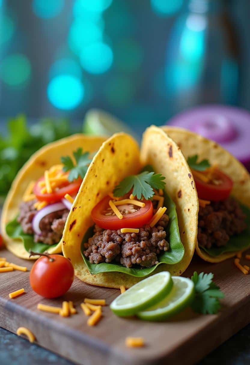 Fresh taco ingredients displayed on a kitchen countertop, including tortillas, ground beef, diced onions, tomatoes, cilantro, shredded cheese, and sliced lime.