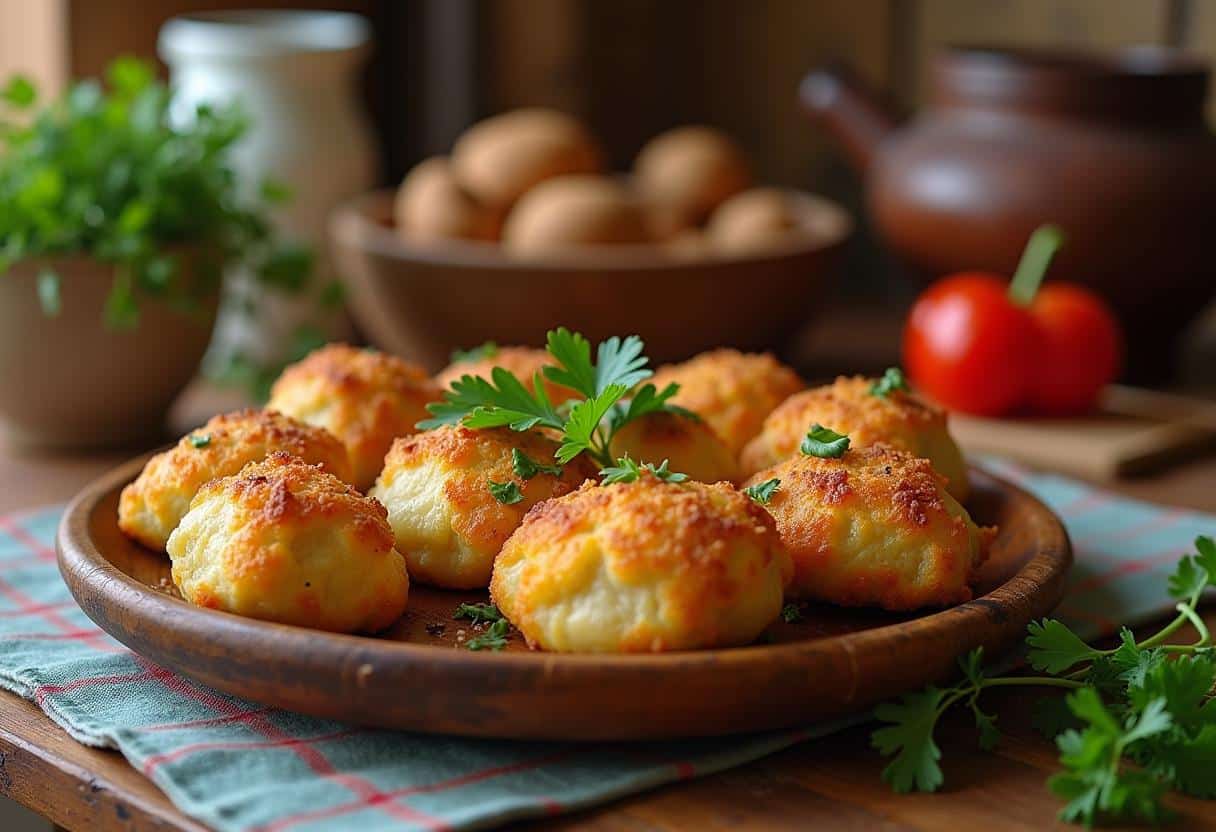 Golden-brown papas rellenas garnished with parsley and served on a rustic wooden plate with a side of pebre salsa