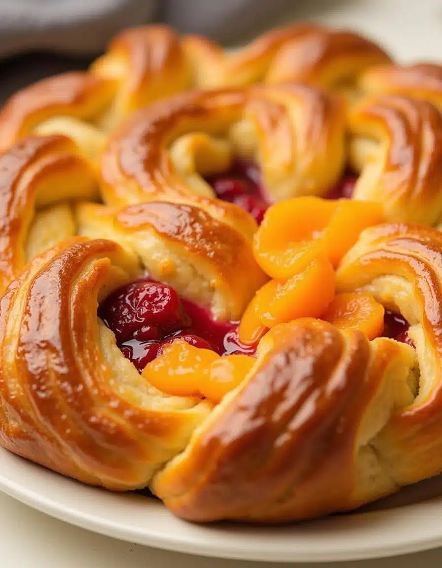Golden-brown Danish pastry topped with glossy raspberry filling, showing intricate flaky edges.