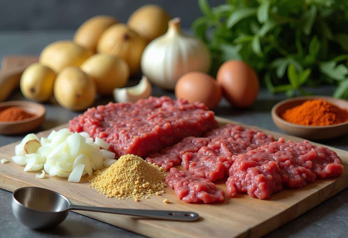 Ingredients for Papas Rellenas: peeled potatoes, ground beef, onions, garlic, cumin, paprika, breadcrumbs, and eggs arranged on a clean countertop.