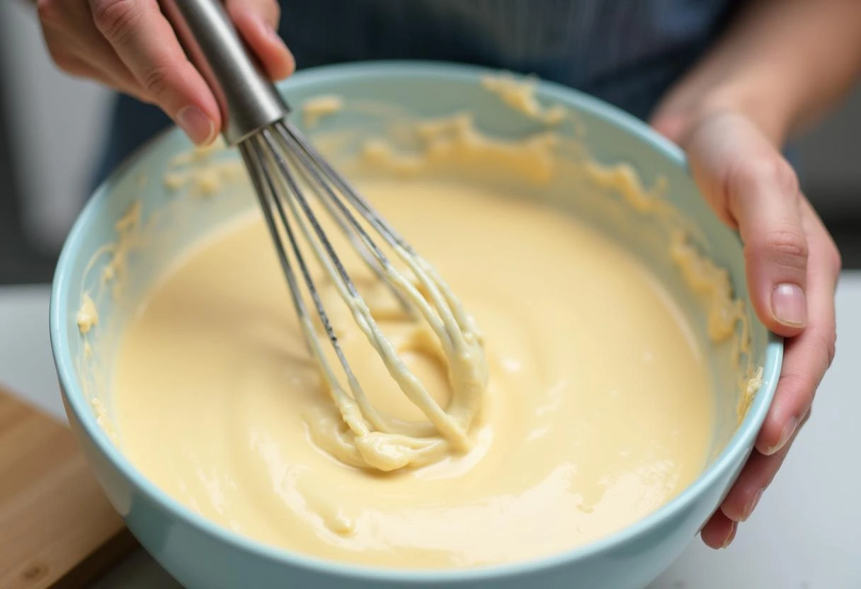 Baker gently mixing cake batter