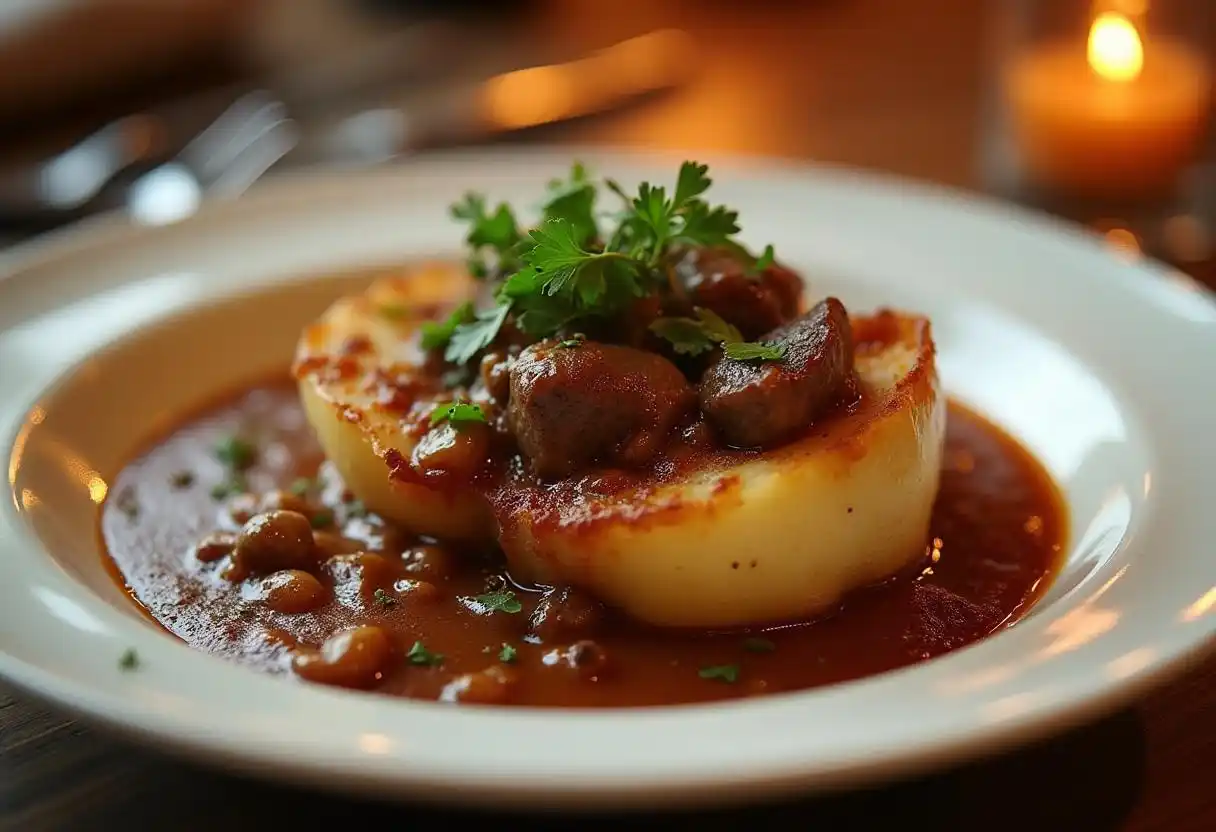 A modern presentation of Lancashire hotpot served on a white plate garnished with herbs.
