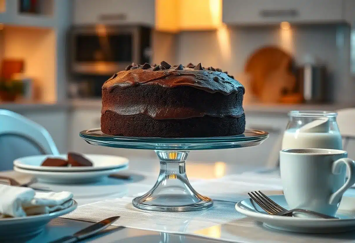 How to Keep Chocolate Cake Moist: The Ultimate Guide 2 A whole moist chocolate cake on a cake stand, surrounded by baked goods and drinks on a beautifully set table, showcasing how to serve a moist cake.