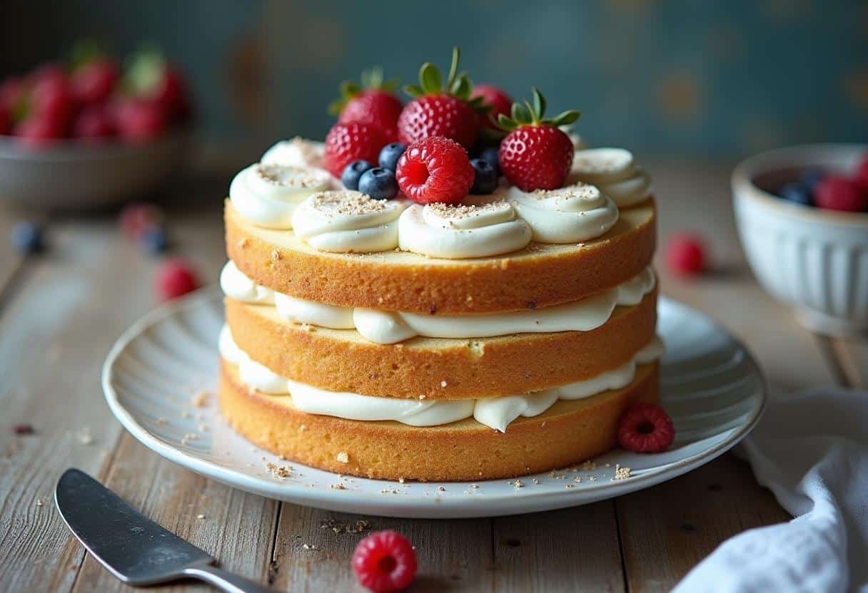 cake more moist and fluffy vanilla cake with layers of creamy frosting, garnished with fresh berries, placed on a rustic wooden table with a white napkin and a cake server.
