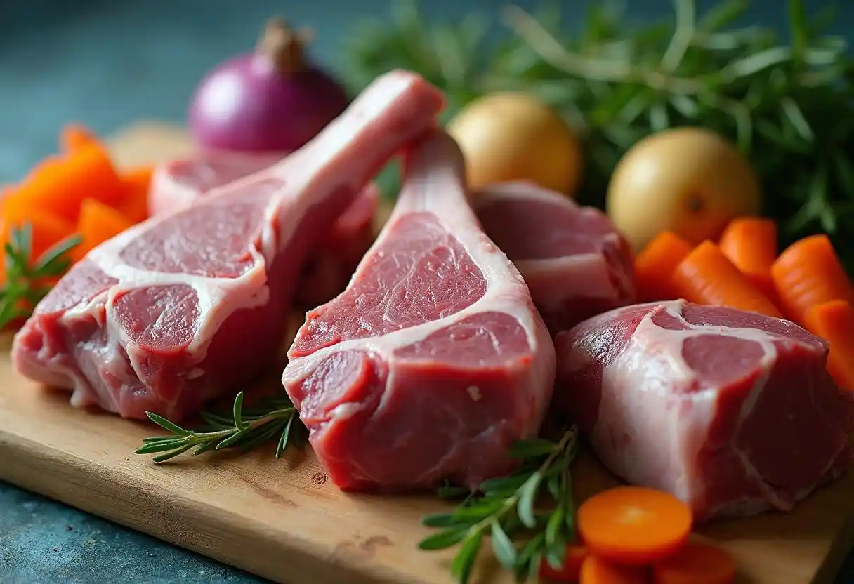 Raw lamb cuts and vegetables for hotpot