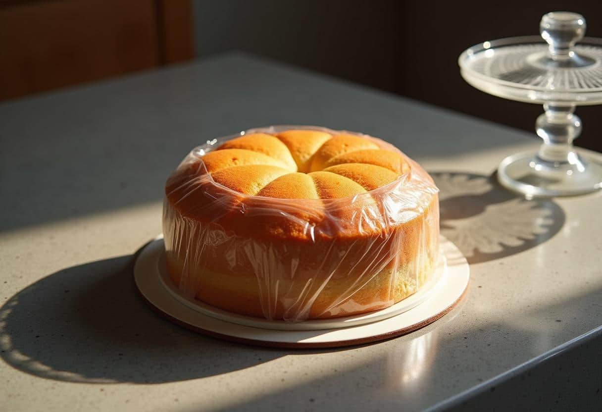 A tightly wrapped cake in plastic wrap on a clean countertop, with a cake stand and airtight container placed next to it for proper storage.