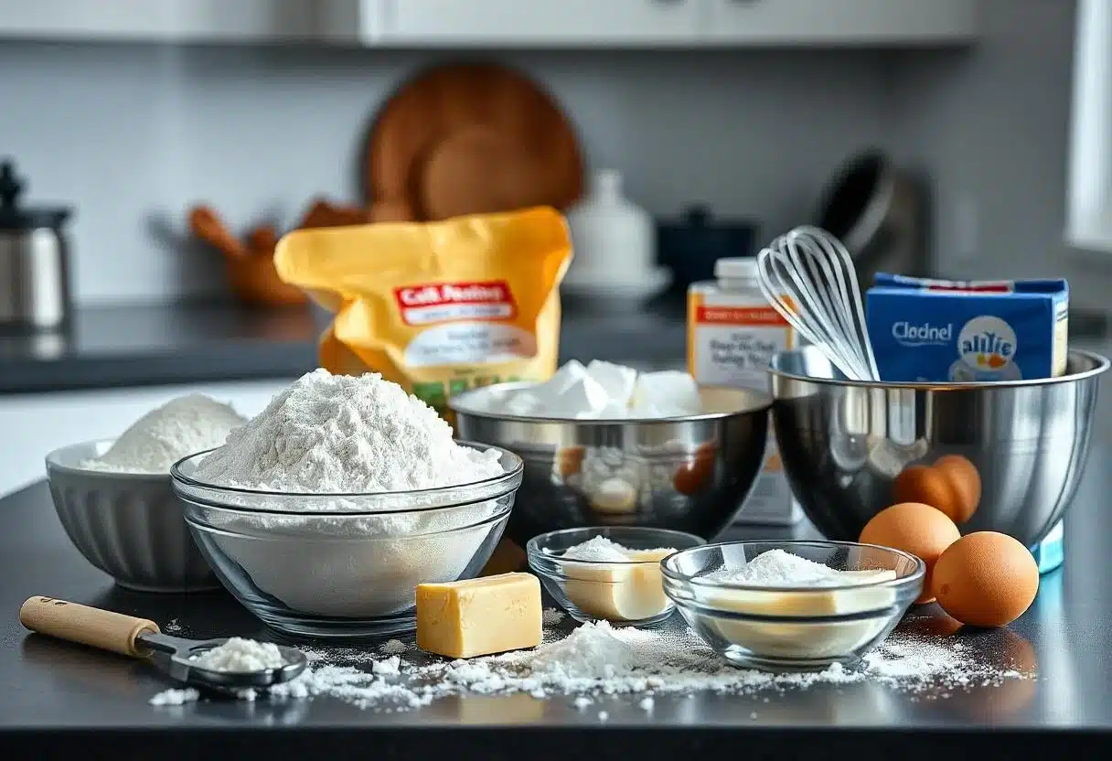 Countertop display of school cake items, including flour, sugar, butter, eggs, milk, and baking powder, with mixing tools.