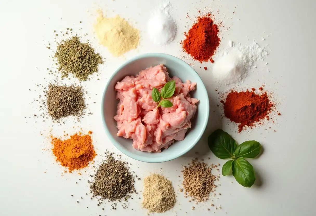 Raw ground turkey with assorted spices and herbs.