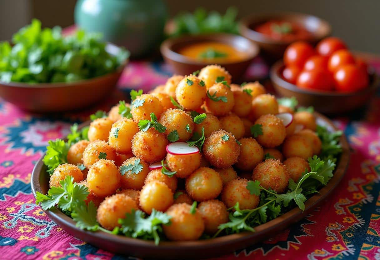 A festive table setup with a platter of papas rellenas, fresh green salad, pebre salsa, dipping sauces, and a glass of red wine on a vibrant Chilean tablecloth