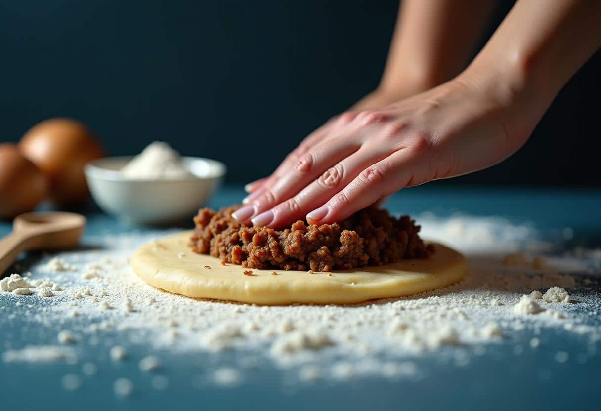 Hands shaping a disc of potato dough around a beef filling, shown on a lightly floured surface with tools like a mixing bowl and spoon