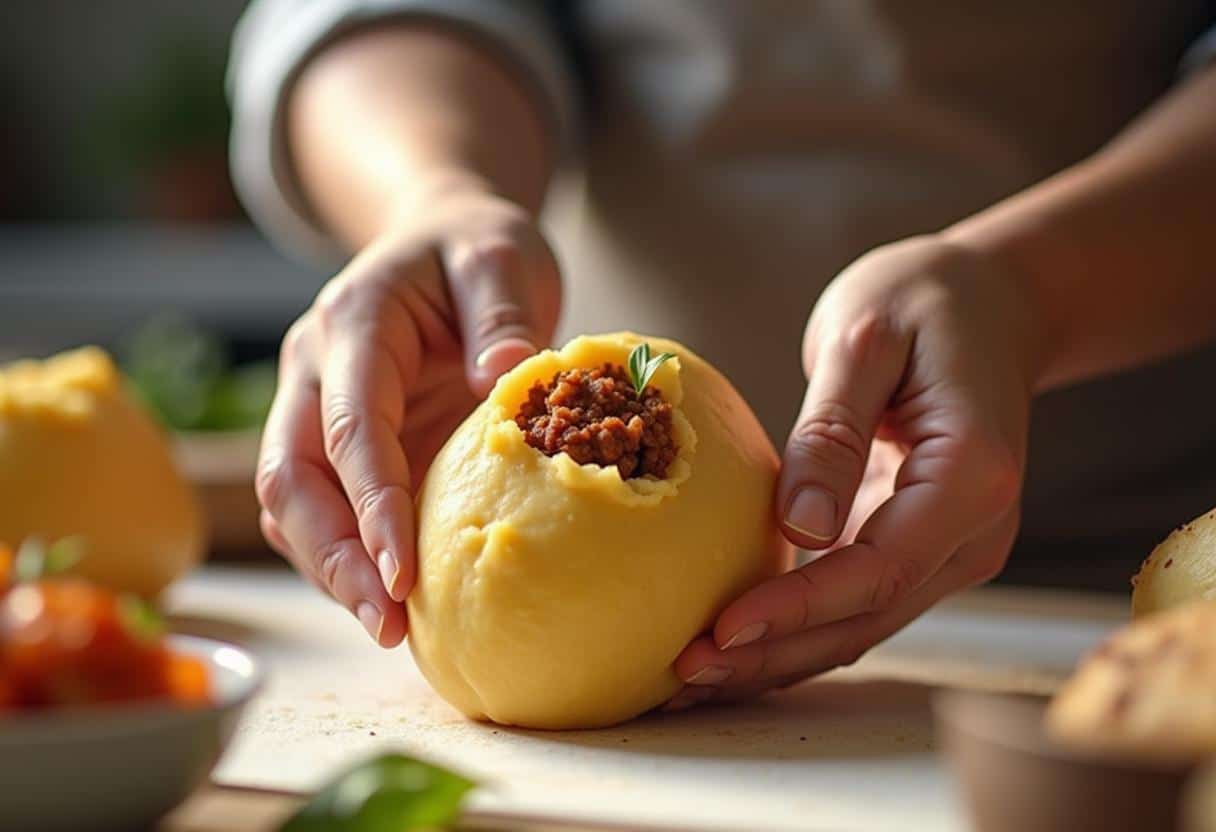 Hands shaping a relleno de papa, forming mashed potato around picadillo filling, demonstrating the traditional technique.