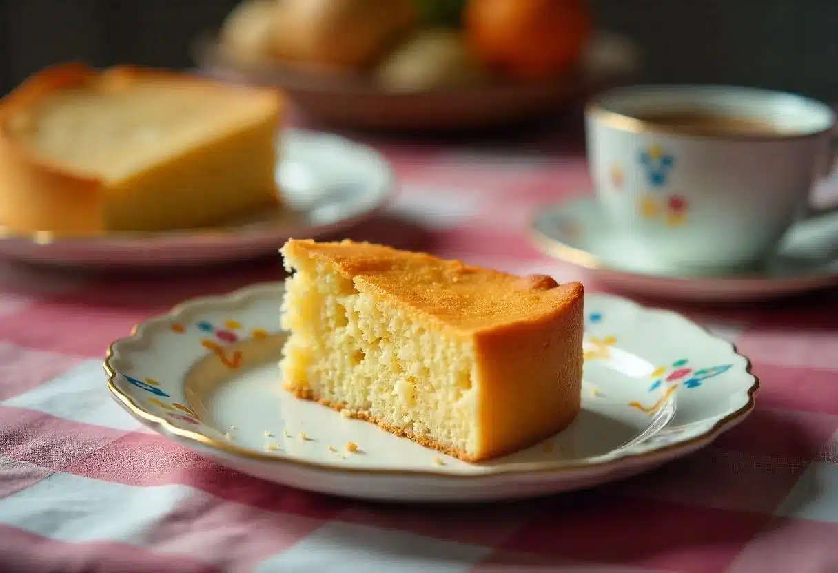 A slice of school cake on a colorful plate, served with a cup of tea or coffee on a checkered tablecloth.