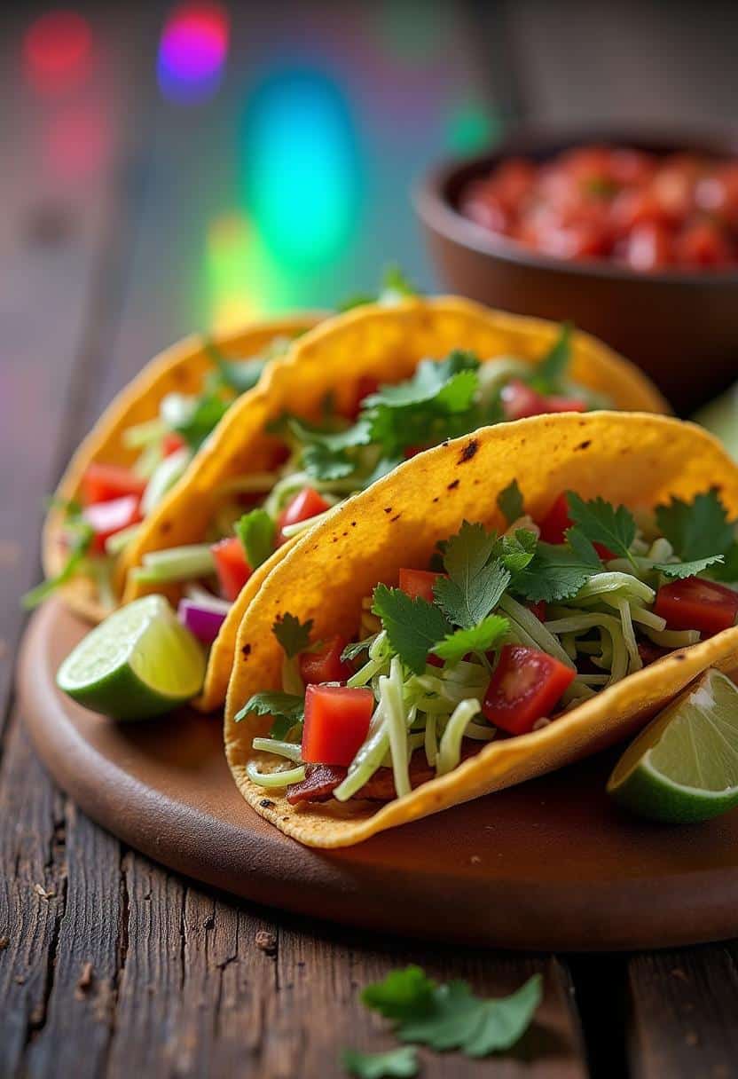 Soft shell tacos on a rustic wooden table, topped with shredded lettuce, diced tomatoes, cilantro, and lime wedges. A bowl of salsa and guacamole is placed alongside as garnishes.