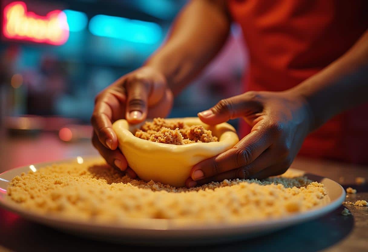 Hands shaping potato dough around a meat filling and coating it with breadcrumbs in a kitchen setting.