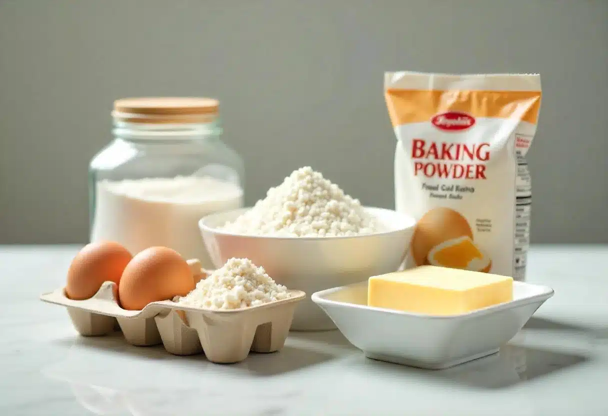A well-lit countertop showcasing flour, sugar, eggs, butter, and baking powder, the five essential cake ingredients.