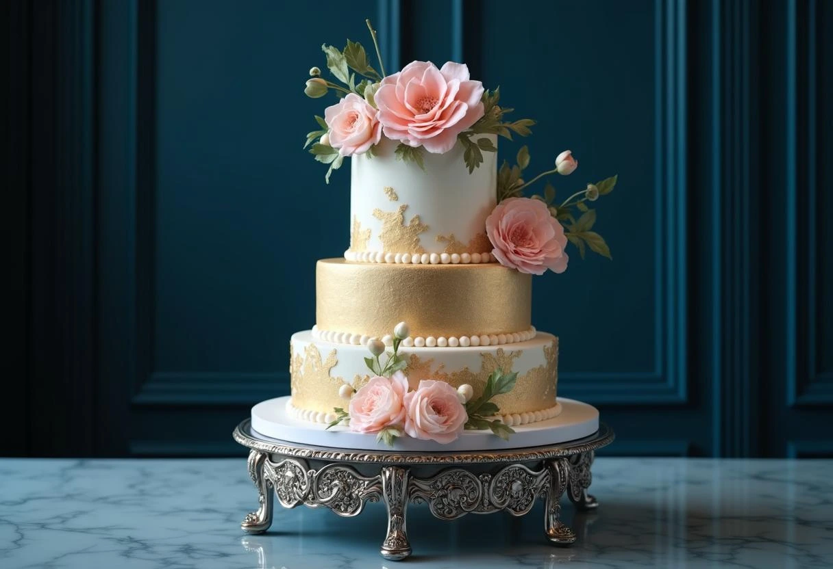 An extravagant multi-tiered cake with gold leaf and sugar flowers.