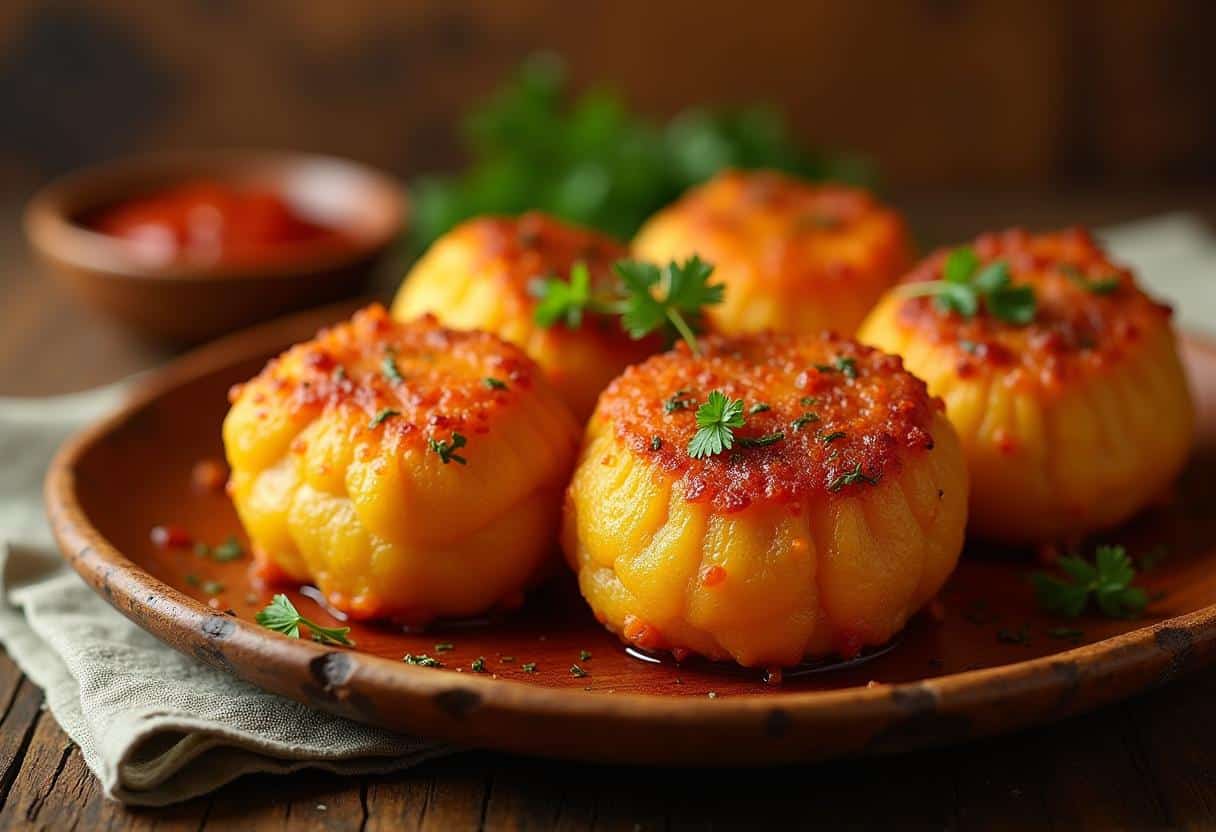 Golden-brown Papas Rellenas on a wooden plate, garnished with parsley, served with salsa criolla in a rustic setting