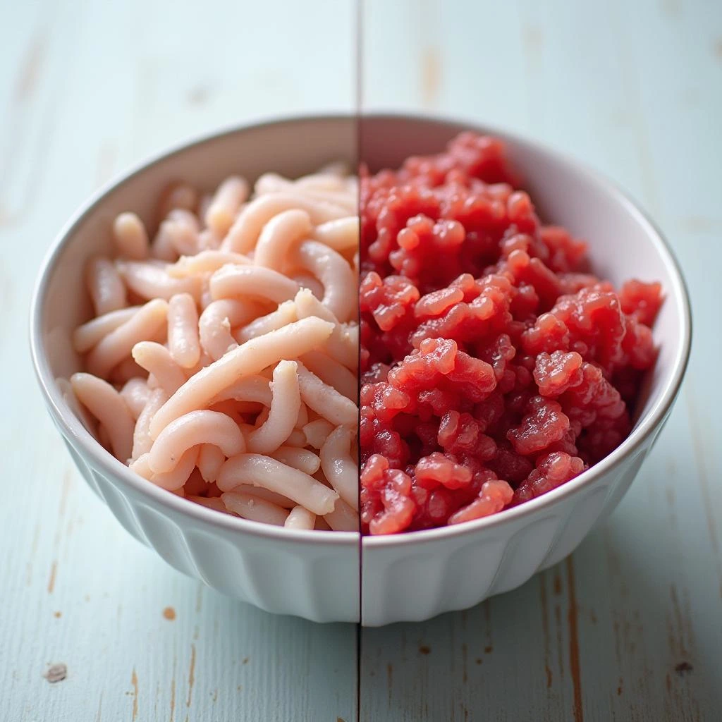 Raw turkey mince and beef mince side-by-side