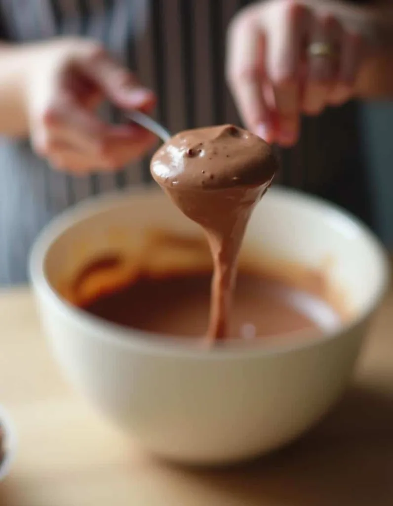 A close-up of a baker’s hand swirling Nutella into muffin batter, creating beautiful marbled patterns for delicious baked treats.