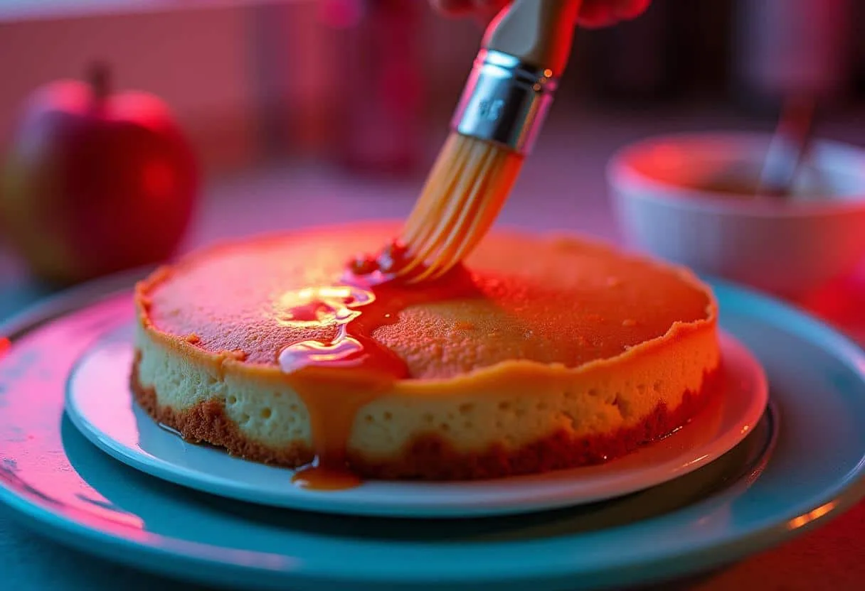 A cake layer being brushed with simple syrup using a pastry brush, with a bowl of syrup and a spoon in the background, highlighting a moisture-adding technique.