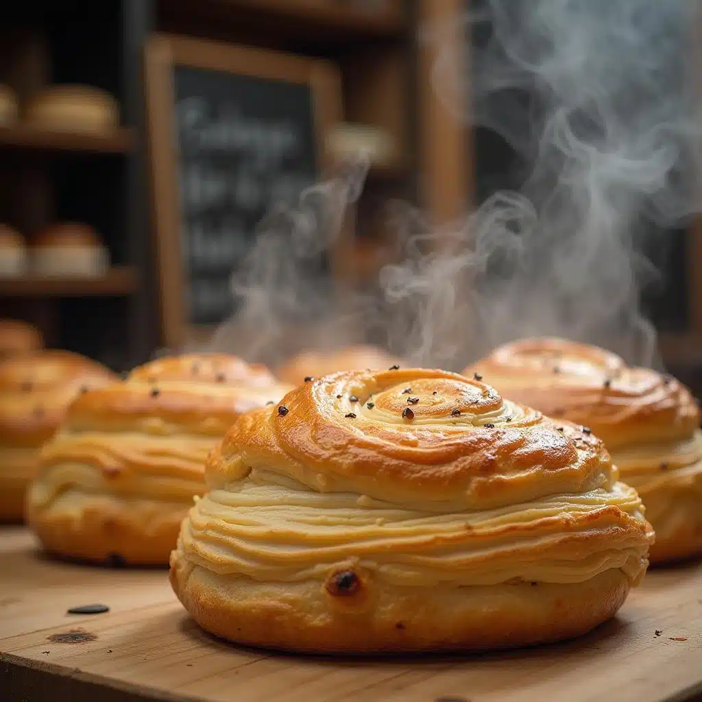 Golden brown puff pastry with flaky layers, steam wafting from the oven.