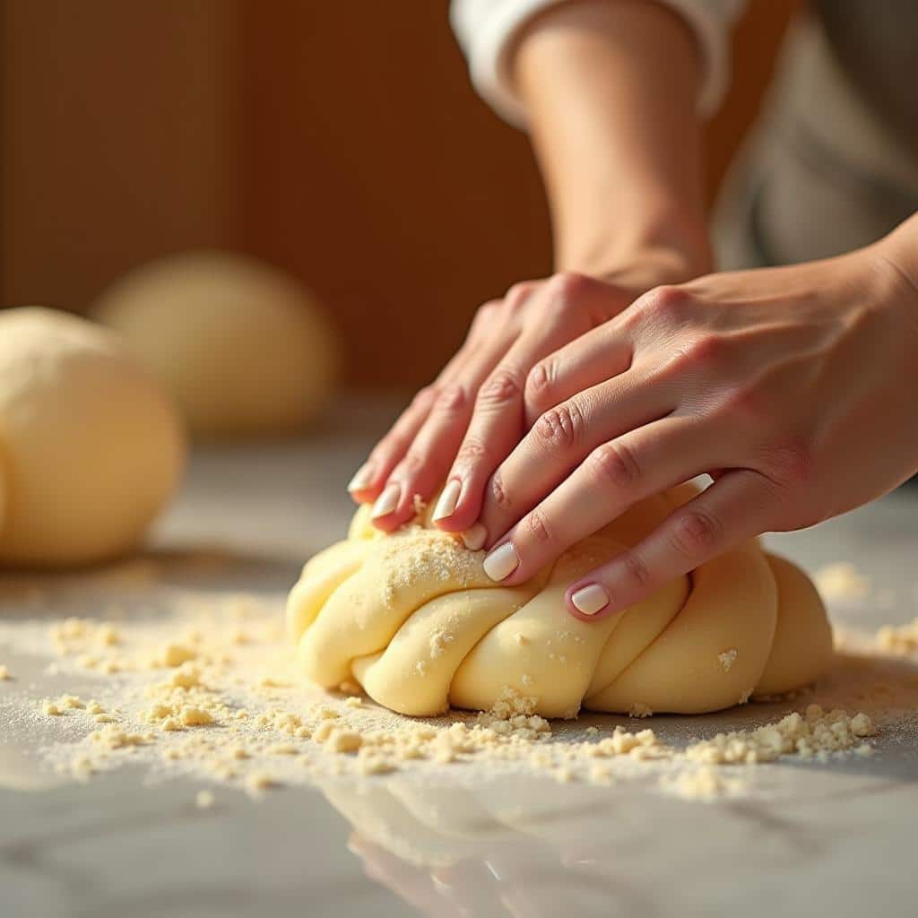 Ingredients for puff pastry: flour, butter, rolling pin, and measuring tools on a rustic kitchen counter.