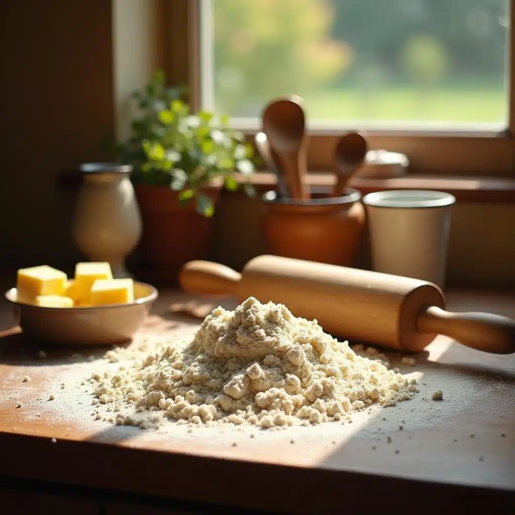 Ingredients for puff pastry: flour, butter, rolling pin, and measuring tools on a rustic kitchen counter.