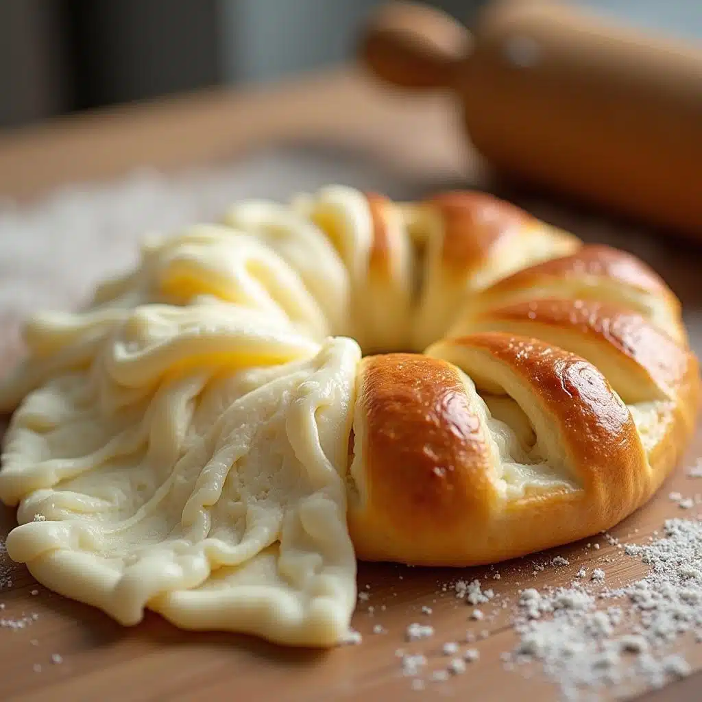 Hands carefully folding butter into dough during the puff pastry lamination process