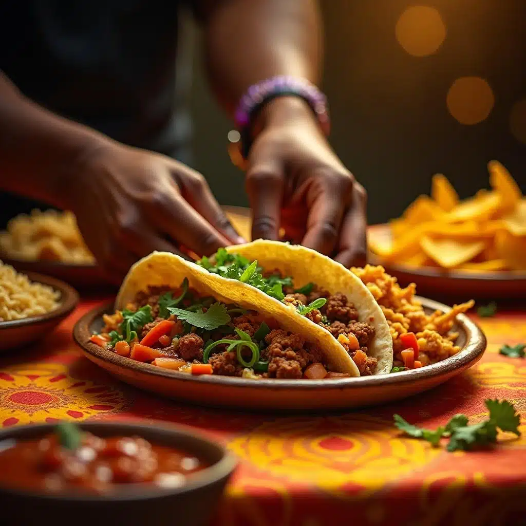 A soft taco being folded by hand, surrounded by vibrant side dishes on a table.
