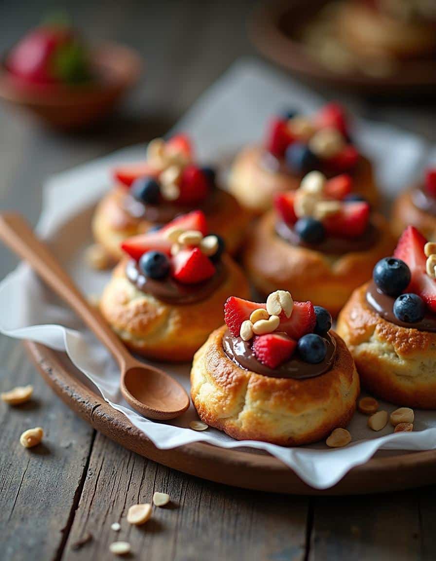 Various Nutella pastry puffs with different shapes and toppings like fruits and nuts.